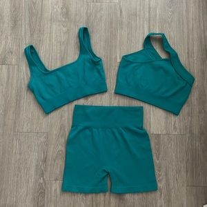 3 Piece Ribbed Turquoise Workout Set